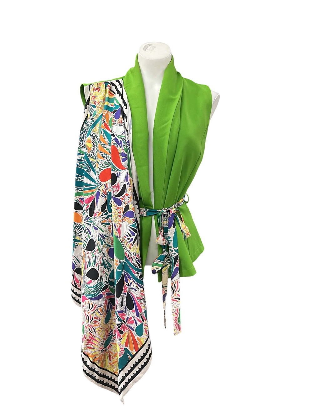 Maître Bright Green Reversible Scarf Vest with Multicolor Floral Print Size S